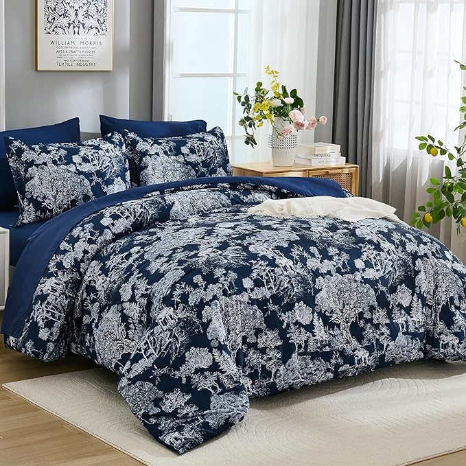 DJY King Size Comforter Sets, 7 Pieces Bed in a Bag King Navy Blue Botanical Comforter Set with Sheets, White Elegant Plants Print Soft Microfiber Reversible Complete Bedding Sets for All Season