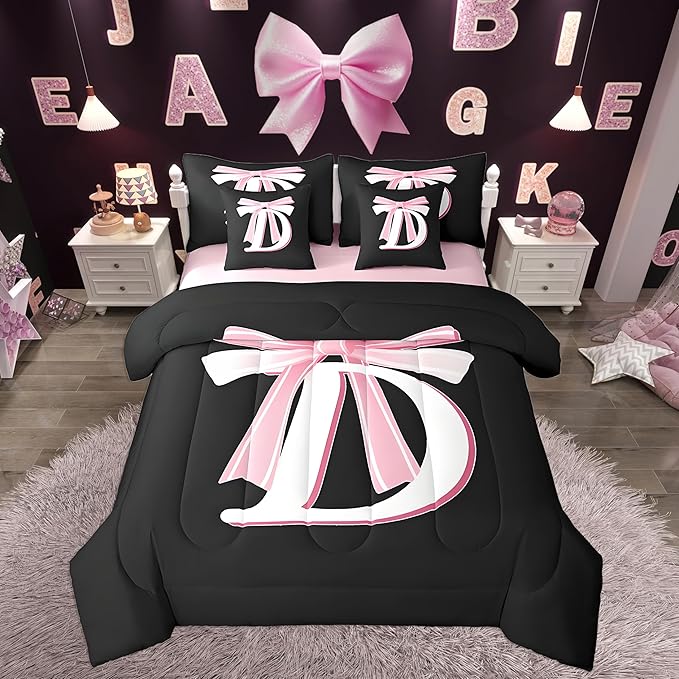 jejeloiu Kids Girls Black Pink Bow Comforter Set with Sheets Queen Size Monogrammed 7 Piece Bedding Set Personalized Initial D Bed in a Bag with Comforter, Sheets,Pillowcases Modern Fashion Bed Set