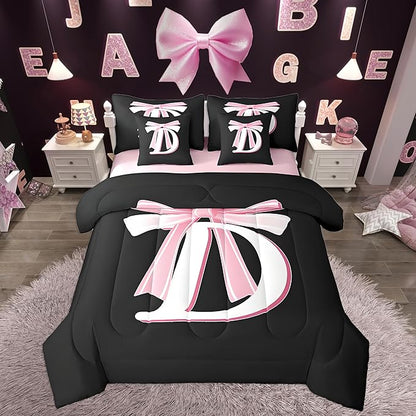 jejeloiu Kids Girls Black Pink Bow Comforter Set with Sheets Twin Size Monogrammed 7 Piece Bedding Set Personalized Initial D Bed in a Bag with Comforter, Sheets,Pillowcases Modern Fashion Bed Set