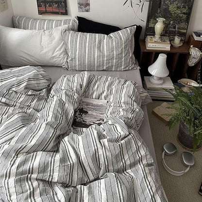 mixinni Vintage Grey & White Striped Comforter Set Queen Size - Soft Washed Cotton 3-Piece Neutral Bedding Set, Retro Geometric Pattern, All-Season Breathable & Fluffy for Men, Boys