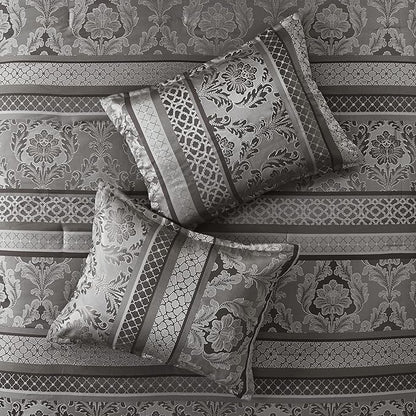 Madison Park Bellagio Cozy Comforter Set - Luxurious Jaquard Traditional Damask Design, All Season Down Alternative Bedding with Matching Shams, Decorative Pillow, Cal King(104"x92"), Grey 7 Piece