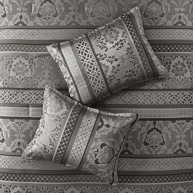 Madison Park Bellagio Cozy Comforter Set - Luxurious Jaquard Traditional Damask Design, All Season Down Alternative Bedding with Matching Shams, Decorative Pillow, Queen(90"x90"), Grey 7 Piece