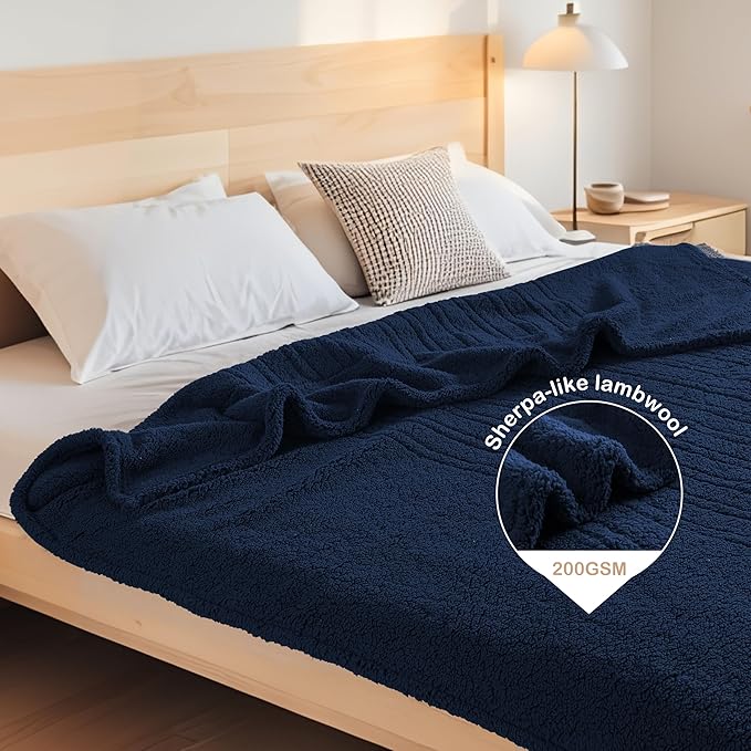 Electric Heated Blanket Throw Size 50"×60" with 9 Heating Levels 1-10 Hs auto Off, Heating Throw Double Sided Sherpa, Energy Efficient, Machine Washable, for Sofa & Office, Dark Blue