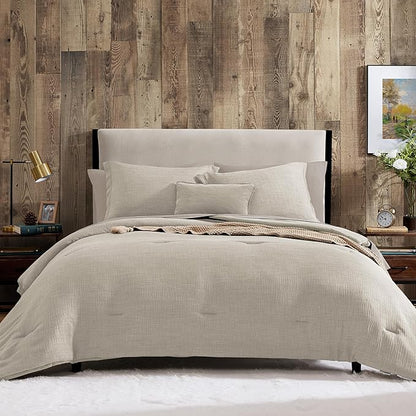 Geniospin Full Comforter Set - 7 Pieces Comforter Full Size, Solid Bedding Sets for All Season, Textured Bed in a Bag with Flat Sheet and Fitted Sheet, Pillowcases and Shams (Ivory, 80''x90'')