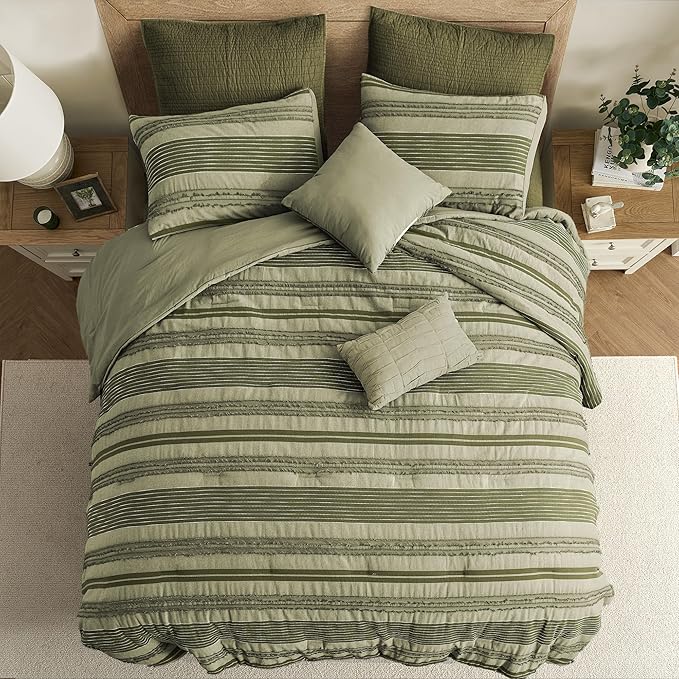 Wonderful Army Green Comforter Set Queen Size, Yarn Dyed Farmhouse Striped Cotton Lightweight Boho Comforter with Pillow Shams, Fluffy Bedding Set for All Season