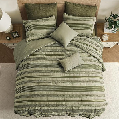 Wonderful Army Green Comforter Set Queen Size, Yarn Dyed Farmhouse Striped Cotton Lightweight Boho Comforter with Pillow Shams, Fluffy Bedding Set for All Season