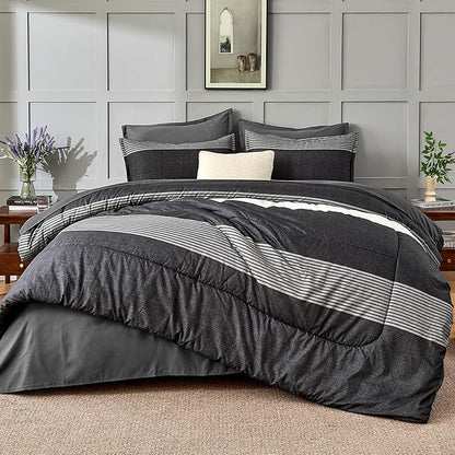 Andency Comforter Set Black White Grey Oversized King(128"x120")- 7 Pieces Striped Lightweight Bed in a Bag, Soft Reversible Bedding Set with Comforter, Fitted & Flat Sheet, Pillowcases & Shams