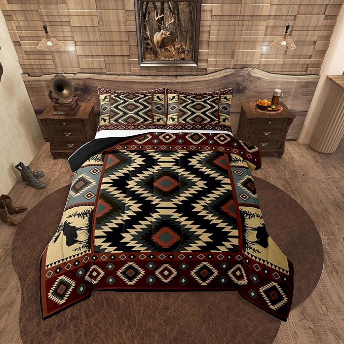 Erosebridal Buffalo Southwest Rustic Toddler Comforter Set,Country Farmhouse Aztec Bedding Set for Teens Adult,Tribal Deer Comforter Wildlife Hunting Theme Duvet Insert Western Cabin Decor,2 Piece