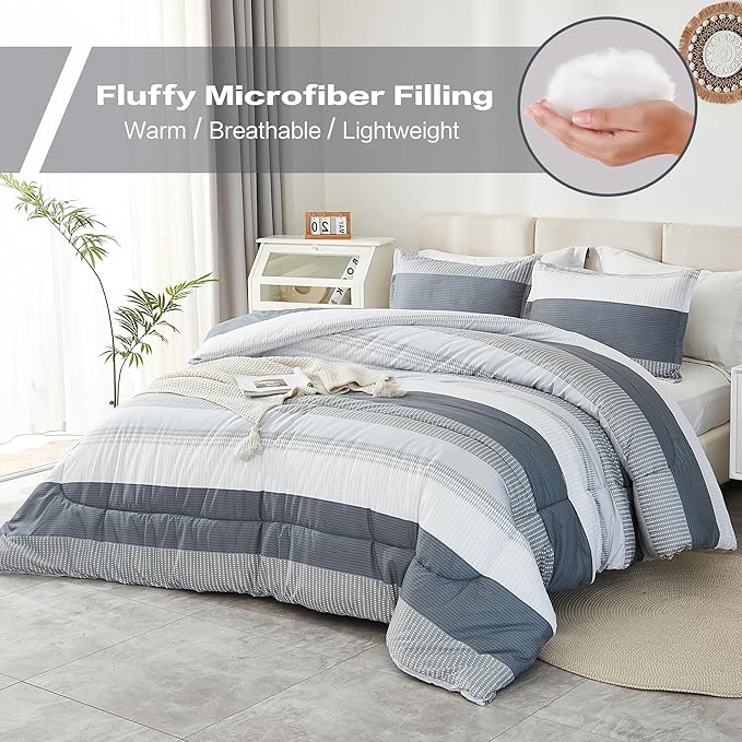 Litanika Queen Comforter Set Light Grey - 3 Pieces Lightweight Gray White Colorblock Stripe Fluffy Bedding Comforter Sets, All Season Bed Set