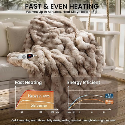 Electric Heated Blanket for Girls & Women, Soft & Luxurious, Faux Rabbit Fur Heating Throw Blankets, 6 Heat Settings, Overheat Protection, Quick Heating, Memory Function, Gift-Ready Design, 50"x60"
