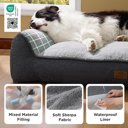 Bedsure SupportMax XL Plus Orthopedic Dog Beds Large Sized Dog - Extra Thick Supportive Dogs Couch with Waterproof Washable Cover, Jumbo Comfort Pet Sofa with Soft Sherpa and Nonskid Bottom, Grey, 48"