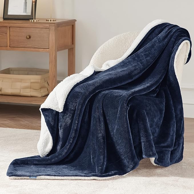 Bedsure GentleSoft Sherpa Fleece Throw Blanket for Couch - Thick and Warm Throw for Women and Men, Soft Fuzzy Plush Blanket for Winter, Non-Heated, Navy, 50x60 Inches