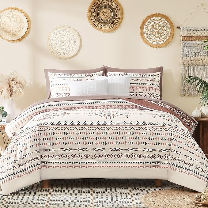 Geniospin Queen Comforter Set - 7 Pieces Reversible Bedding Set, Boho Bed in A Bag, Lightweight Soft Aztec Bedding, All Season Bed Comforter Set with Sheets, Pillowcases & Shams