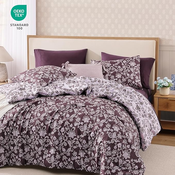 King Comforter Set -7 Pieces Floral Dark Purple Comforter Set for All Seasons, Bed in a Bag King with Botanical Flowers Comforter, Sheets, Pillowcases & Shams