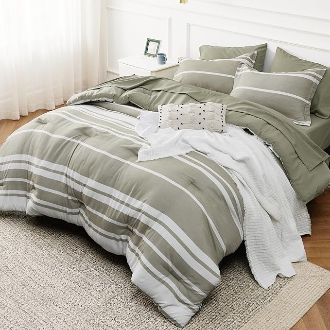 Bedsure Twin Comforter Set 5 Pieces, Olive Green Striped Bedding Set for All Seasons, Reversible, Cationic Dyeing Bed in a Bag with Comforter, Sheets, Pillowcase & Sham