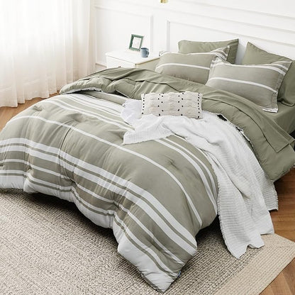 Bedsure Queen Comforter Set 7 Pieces, Olive Green Striped Bedding Set for All Seasons, Reversible, Cationic Dyeing Bed in a Bag with Comforter, Sheets, Pillowcases & Shams