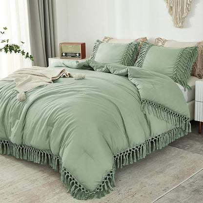Andency Sage Green Comforter Set California King, 3 Pieces Boho Tassel Lightweight Soft Bedding Comforter Sets for King Bed, All Season Fluffy Fringe Bed Set (104x96In Comforter & 2 Pillowcases)