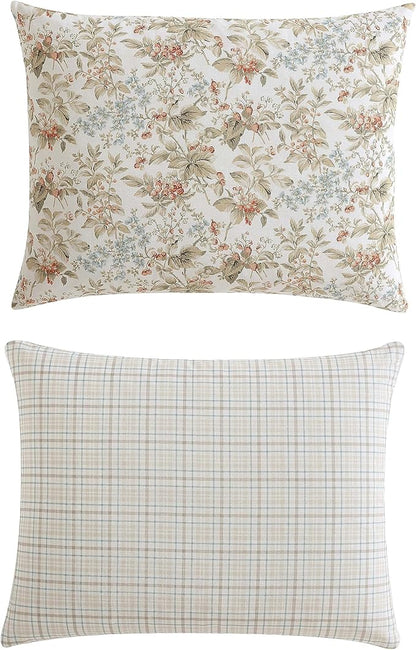 Laura Ashley - Queen Comforter Set, Reversible Cotton Bedding with Matching Shams, Floral Home Decor with Plaid Reverse (Bramble Floral Beige, Queen)