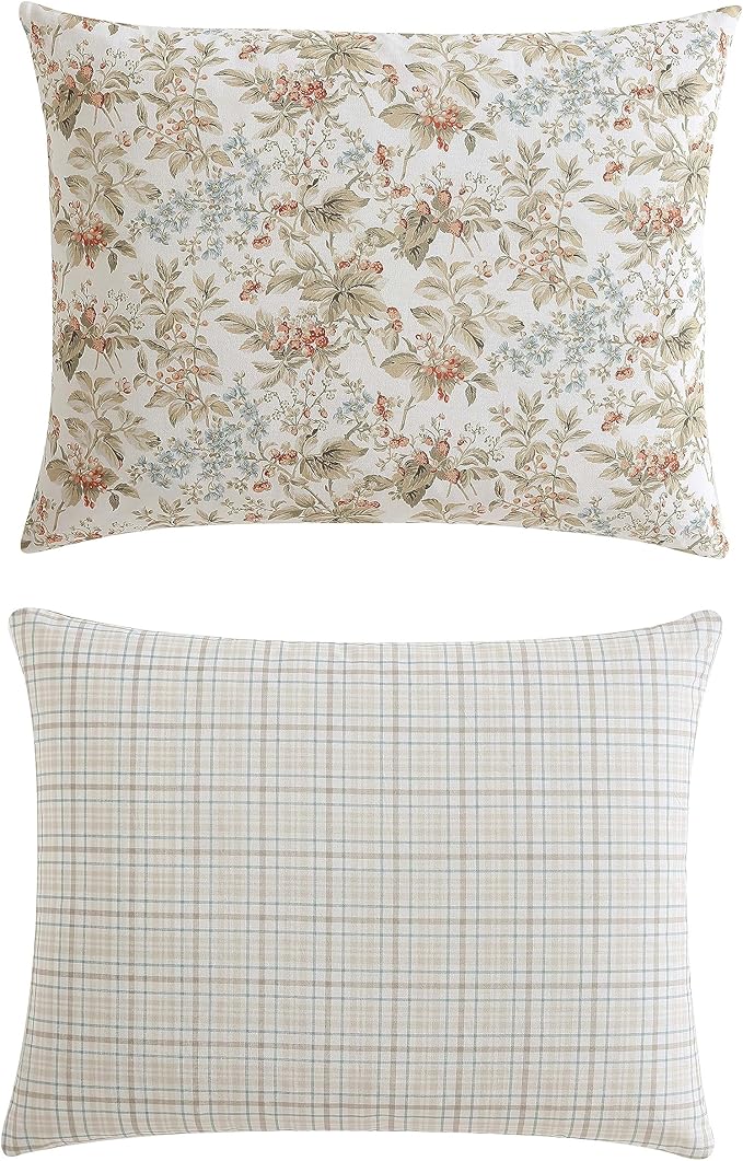 Laura Ashley - Twin Comforter Set, Reversible Cotton Bedding with Matching Sham, Floral Home Decor with Plaid Reverse (Bramble Floral Beige, Twin)