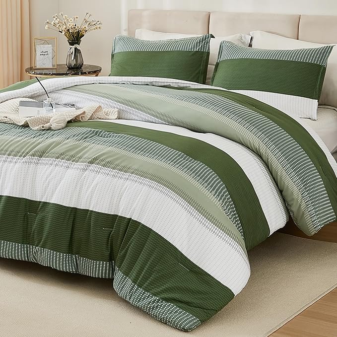 Litanika Olive Green Comforter Set Queen - 3 Pieces Lightweight Olive Green White Colorblock Stripe Fluffy Bedding Comforter Sets, All Season Bed Set