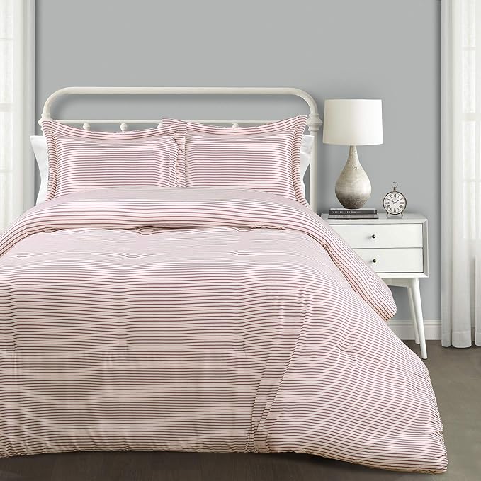 Lush Decor Farmhouse Stripe Reversible Cotton Comforter Set, 3 Piece Set, King, Red - Cozy Farmhouse Bedding Set - Rustic Decor - Striped Comforter - Modern Farmhouse Bedroom Decor
