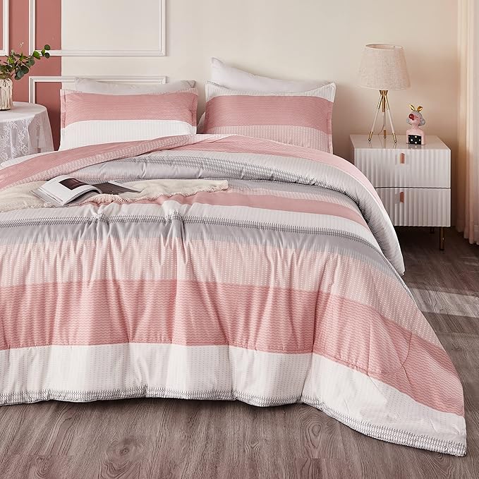 Litanika Pink Full Size Comforter Sets for Girls, 3 Pieces Blush White Colorblock Women Lightweight Bedding Comforter Set