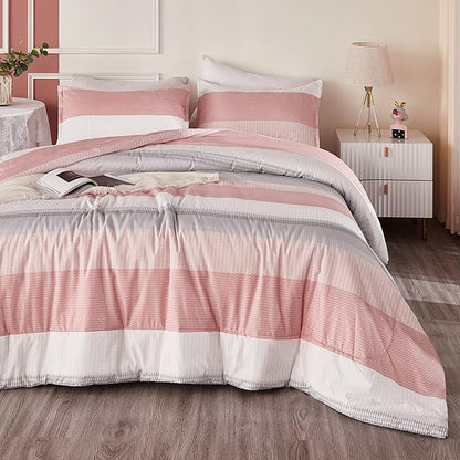 Litanika Pink King Size Comforter Set, 3 Pieces Blush White Colorblock Lightweight Bedding Comforter Set