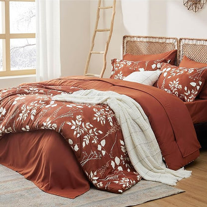 Bedsure Full Size Comforter Set - 7 Pieces Floral Terracotta Soft Bedding Sets, Full Bed in a Bag with Botanical Flowers Comforter, Sheets, Pillowcases & Shams