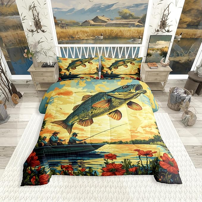 Erosebridal Bass Fishing King Comforter Set,Fisherman and Fish Bedding Sets for Kids Boys Men,Big Pike Fish Quilt Bed Set,Lake House Rustic Country Bedroom Decor,2 Pillowcases Breathable