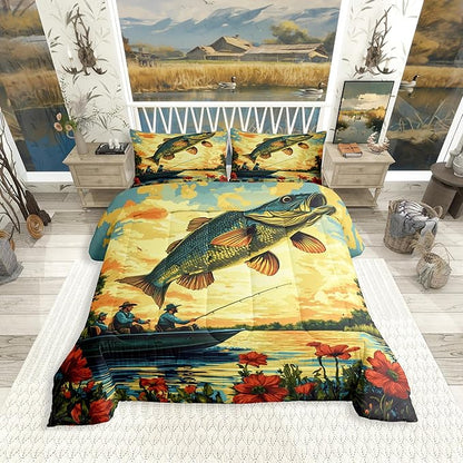 Erosebridal Bass Fishing King Comforter Set,Fisherman and Fish Bedding Sets for Kids Boys Men,Big Pike Fish Quilt Bed Set,Lake House Rustic Country Bedroom Decor,2 Pillowcases Breathable