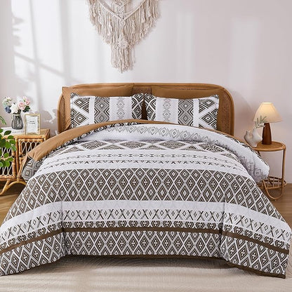 Luxudecor Brown Comforter Set Queen Size 7 Pieces,Boho Aztec Comforter with Sheet Set,Geometric Striped Pattern Bed in a Bag,Soft Microfiber Bed Set 90"x90"