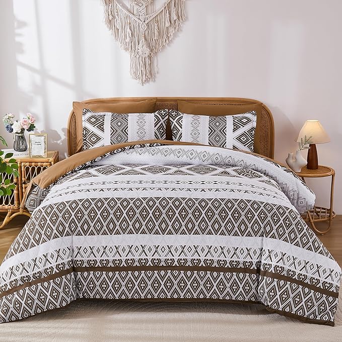 Luxudecor Brown Comforter Set King Size 7 Pieces,Boho Aztec Comforter with Sheet Set,Geometric Striped Pattern Bed in a Bag,Soft Microfiber Bed Set 104"x90"