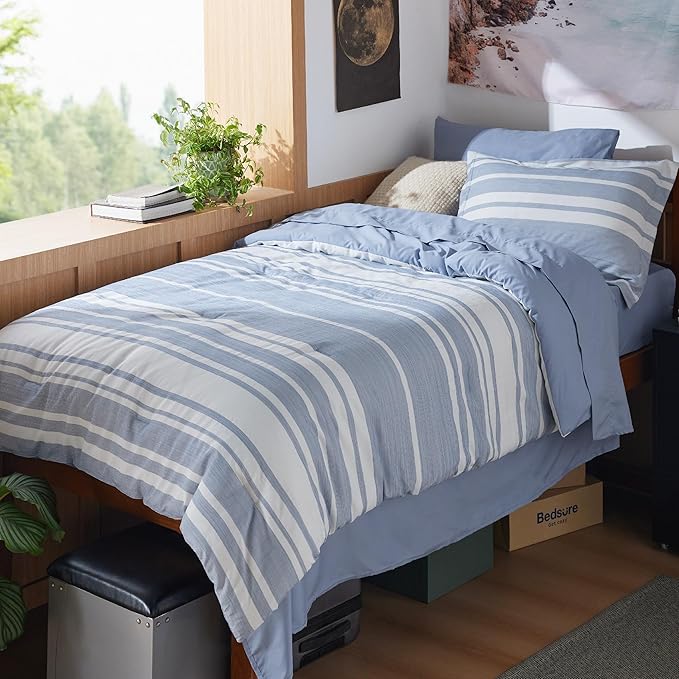 Bedsure Twin XL Comforter Set 5 Pieces, Blue Striped Bedding Set for All Seasons, Reversible, Cationic Dyeing Bed in a Bag with Comforter, Sheets, Pillowcase & Sham