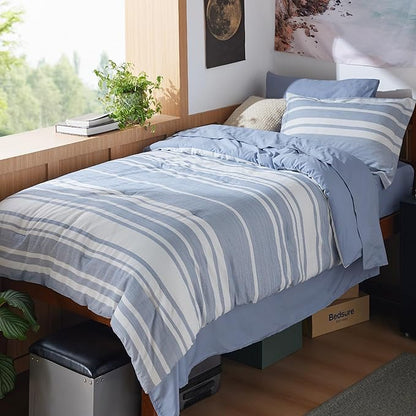 Bedsure Twin XL Comforter Set 5 Pieces, Blue Striped Bedding Set for All Seasons, Reversible, Cationic Dyeing Bed in a Bag with Comforter, Sheets, Pillowcase & Sham