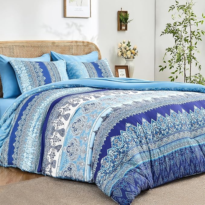 Boho King Size Comforter Set Blue - 7 Pieces Floral Striped Comforter Set with Sheets, Soft Microfiber Bohemian Complete Bedding Sets for All Season (Blue,King)