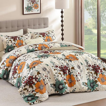 Xruibed Floral Comforter Set King Size 7 Pieces, Beige Orange Bed in a Bag Flower Comforter Set with Sheet, Pillowcases, Pillowshams, Soft Microfiber Bedding Set for All Season (King 104''x90'')