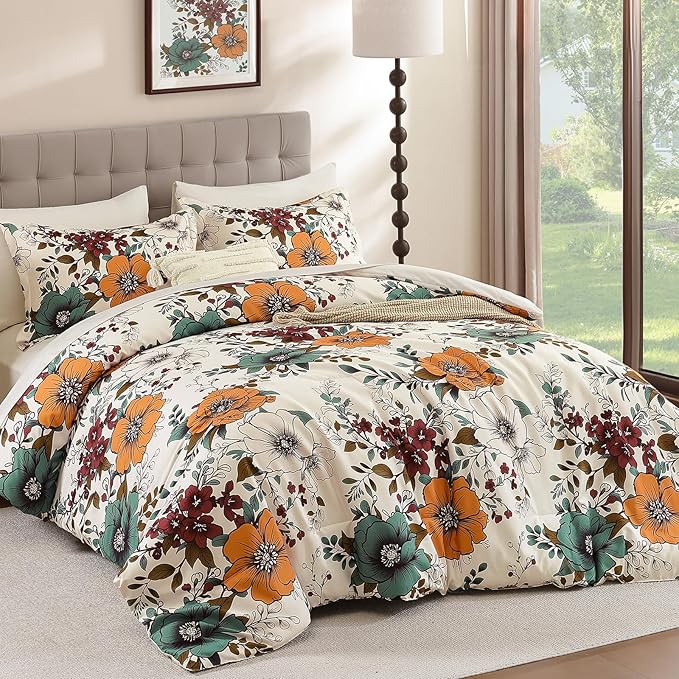 Xruibed Floral Comforter Set Queen Size 7 Pieces, Beige Orange Bed in a Bag Flower Comforter Set with Sheet, Pillowcases, Pillowshams, Soft Microfiber Bedding Set for All Season (Queen 90''x90'')