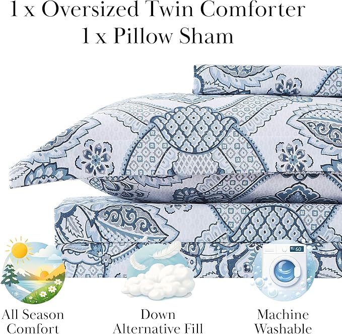 Southshore Fine Living, Inc. Enchantment Collection - Oversized Comforter Twin Bedding Set Down Alternative All-Season, Reversible Bedspread 2-Piece with Matching sham, XL/Twin Comforter Set, Blue