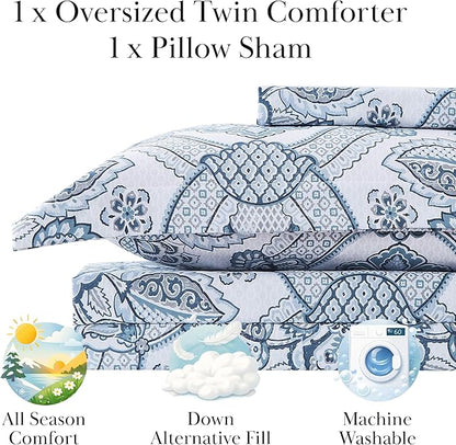 Southshore Fine Living, Inc. Enchantment Collection - Oversized Comforter Twin Bedding Set Down Alternative All-Season, Reversible Bedspread 2-Piece with Matching sham, XL/Twin Comforter Set, Blue