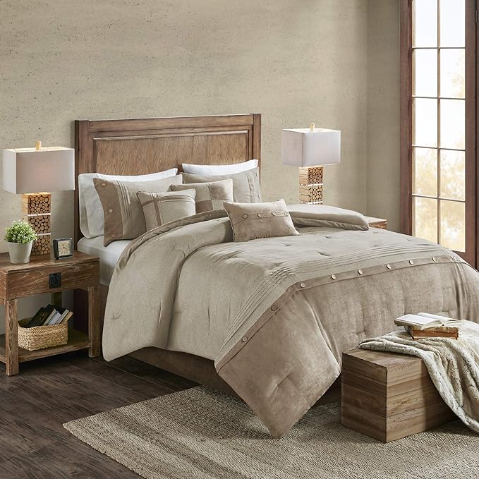 Madison Park Boone Cozy Comforter Set, Faux Suede, Deluxe Hotel Styling All Season Down Alternative Bedding Matching Shams, Decorative Pillow, Queen (90 in x 90 in), Rustic Tan 7 Piece