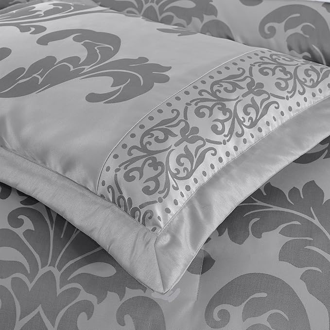 Chezmoi Collection Valor 7-Piece Queen Bed in a Bag, Silver/Gray Luxury Jacquard Floral Comforter with Sheets Set for All Season