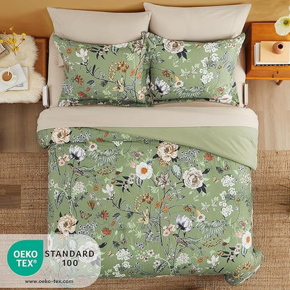 CASAAGUSTO Twin Comforter Set - 5 Pieces Green Floral Bedding Sets, Twin Bed in a Bag with Botanical Butterfly Comforter, Sheets, Pillowcases & Shams for All Seasons