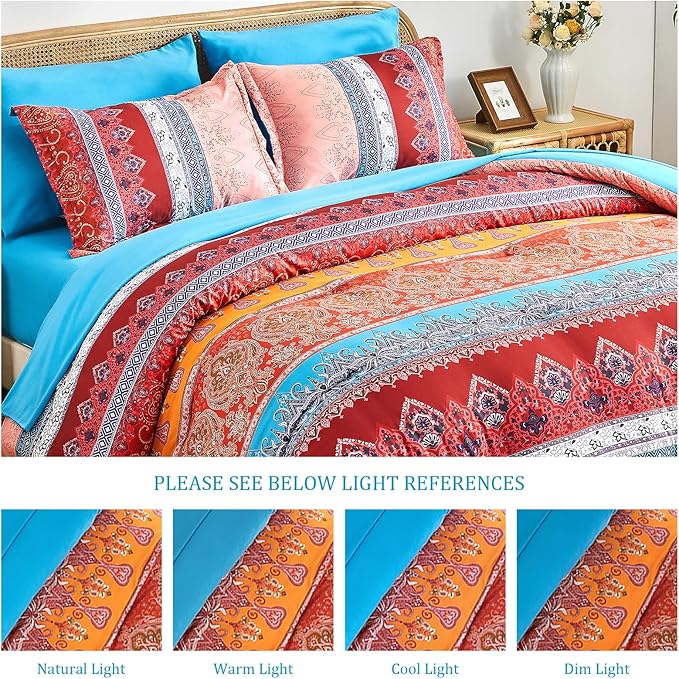 Coral Pink King Size Comforter Set Boho - 7 Pieces Floral Striped Comforter and Sheet Set, Soft Bed in a Bag Complete Bedding Sets for All Season(Coral Pink, King)
