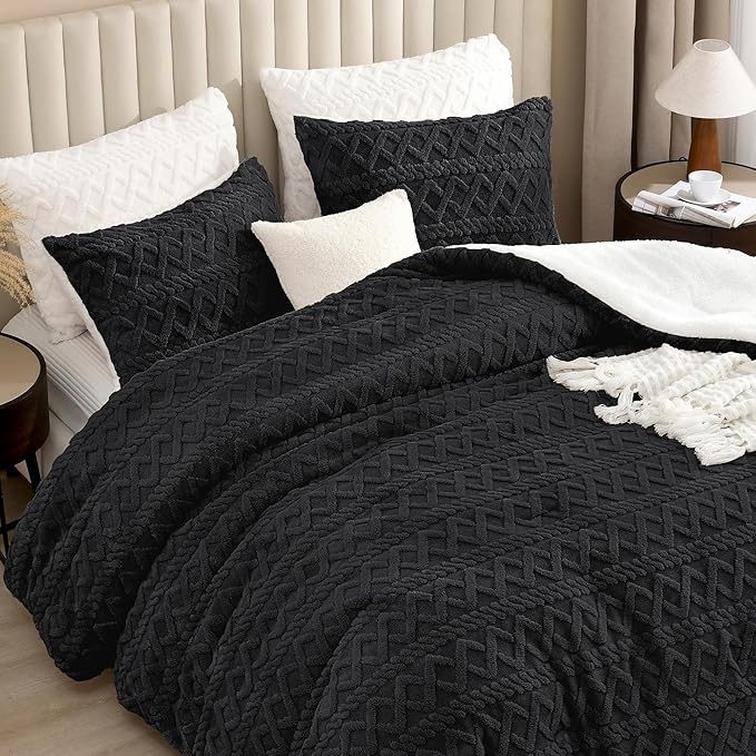 Andency Fluffy Comforter Set Queen Size, Black Sherpa Fleece Super Soft Warm Bedding for Winter, Luxury Boho Jacquard Thick Fuzzy Plush Bed Set 3 Pieces(1 Shaggy Comforter, 2 Pillowcases)