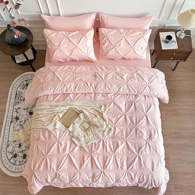 Maple&Stone Pink Comforter Set Queen, 7 Pieces Bed in a Bag Queen, Pintuck Bedding Sets with Comforter, Sheets, Pillowcases & Shams - Pink