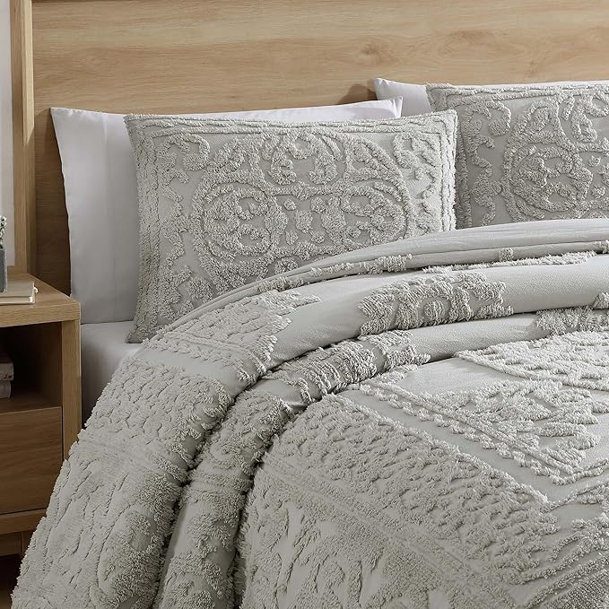 Beatrice Home Fashions Medallion Tufted Chenille Comforter 3-Piece Set, Cotton, All Season Cozy Bedding, Queen, Gray