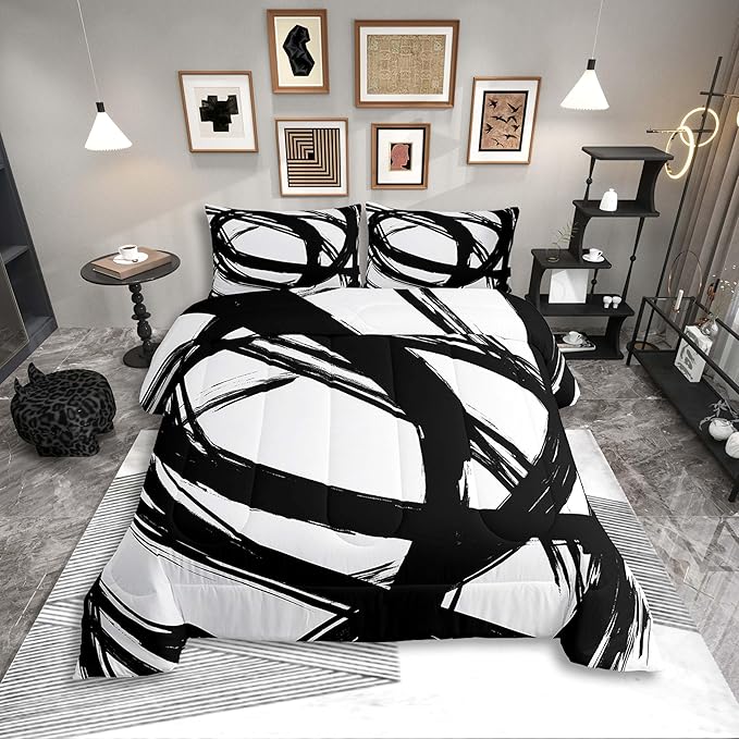 Erosebridal Black and White Striped King Bedding Set for Kids Teens Adults, Geometric Striped Comforter Set for Minimalists,Graffiti Aesthetic Lines Duvet Insert,Contemporary Boho Modern Art Quilt