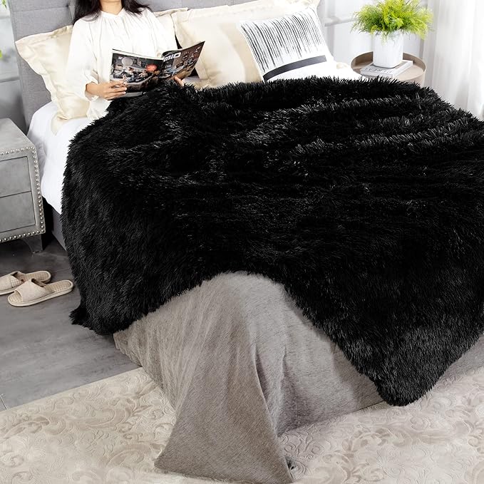 JONIYEAR Extra Large Decorative Fluffy Faux Fur Blanket Full Size for Bed 71" x 80", Soft Luxury Big Lightweight Furry Blankets, Accent Cozy Shaggy Plush Thick Fuzzy Warm Blanket for Winter, Black