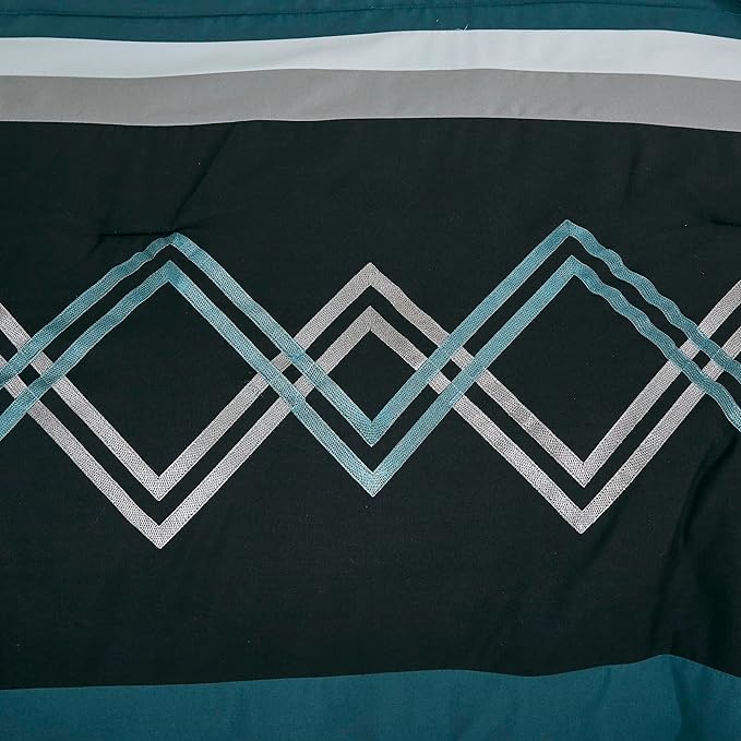 Chezmoi Collection Arden 7-Piece Modern Pleated Stripe Embroidered Zigzag Bedding Comforter Set (Oversized King, Teal/Black/Gray)