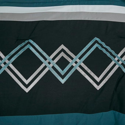 Chezmoi Collection Arden 7-Piece Modern Pleated Stripe Embroidered Zigzag Bedding Comforter Set (Queen, Teal/Black/Gray)